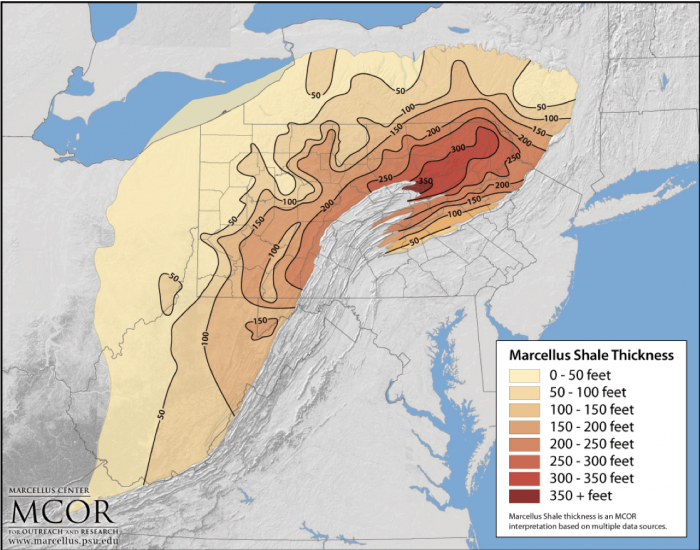 Map showing thickness of Marcellus Shale