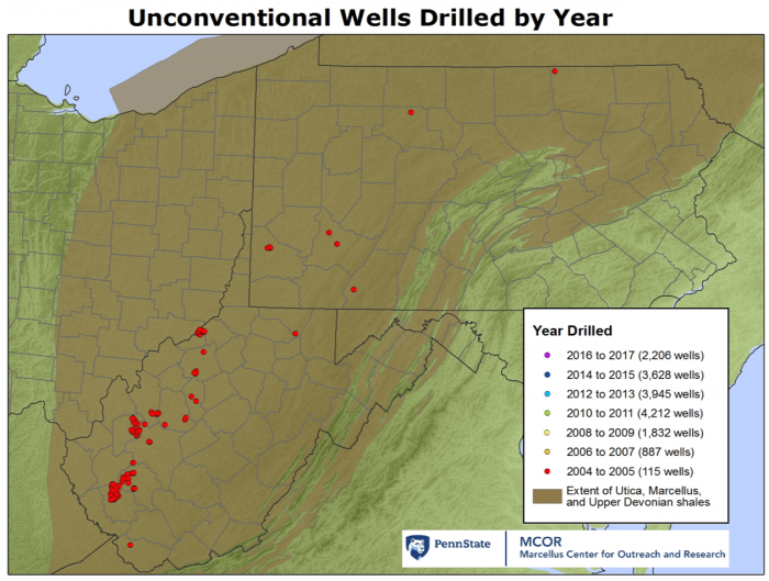 Map of unconventional wells drilled by year