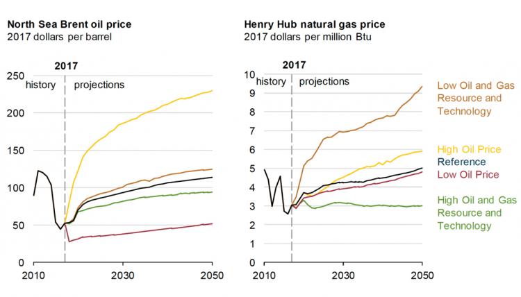 Line graphs to show historic spot prices for gas and oil as well as future projections