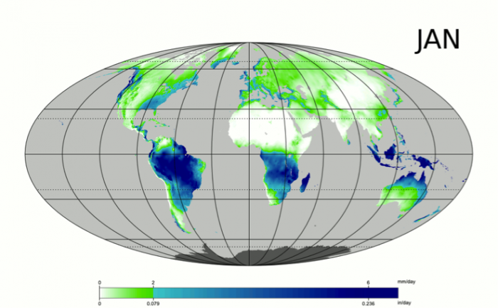 Shows the areas of the world that get high precipitation in January. South America, Southern Africa, and Indonesia have the highest.