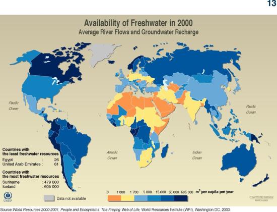 Freshwater availability in the world (as of 2000) based on combined river flows and groundwater resources. See text description