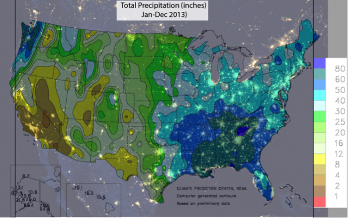 Precipitation for 2013, overlain on Figure 4. Shows how areas with high Population density have high precipitation