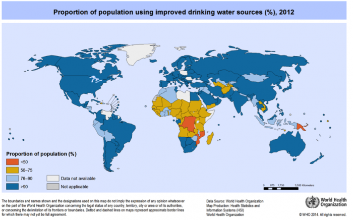 World map shows global access 2 clean water supply. African citizens have the least followed by south east asia and some arab countries