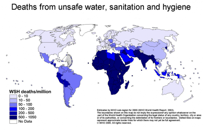 World map shows deaths attributed to water supply and sanitation. Most deaths in Africa, India followed by central and southern America