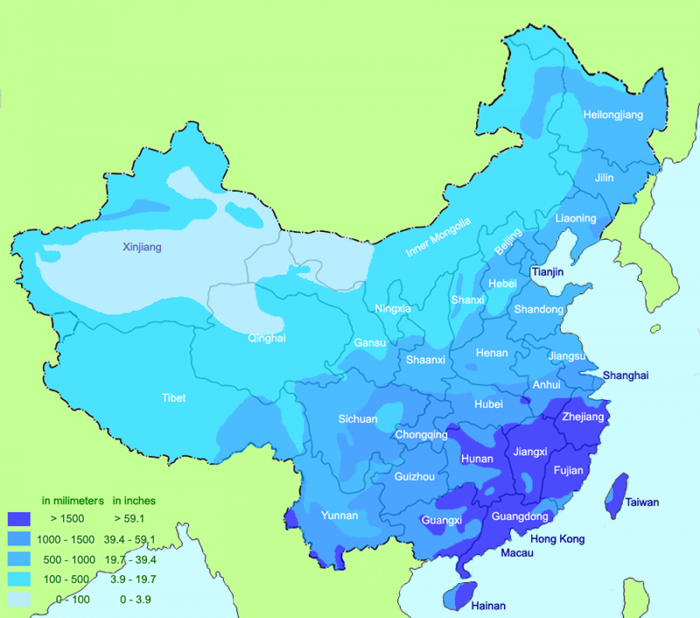 Annual average precipitation in China. Highest amounts > 59.1 inches in the Southeast & the least amounts of <19.7 inches in the northwest.