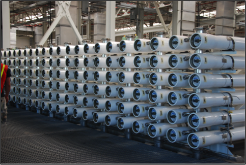 Reverse osmosis coils in a facility. Tubes stacked in 7 tube columns with many rows