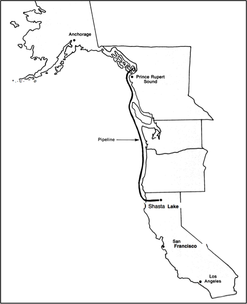 Proposed water line along the coast from Prince Rupert Sound in Washington to Shasta Lake in Northern California.
