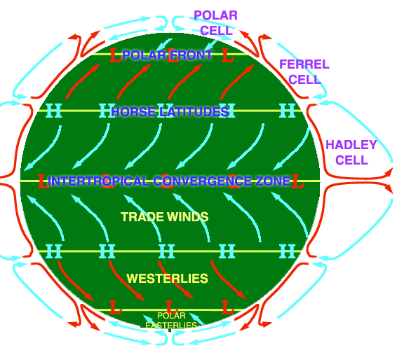 Graphic of Global Winds showing equatorial convection cells, Explained above.