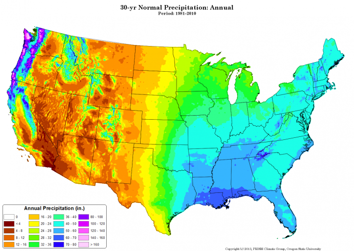Map shows that the Eastern U.S gets more precipitation than the western U.S with a few exceptions like Seattle