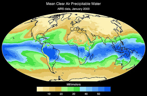 Contours of average atmospheric water vapor for Jan 2003...blue area is narrower here than July