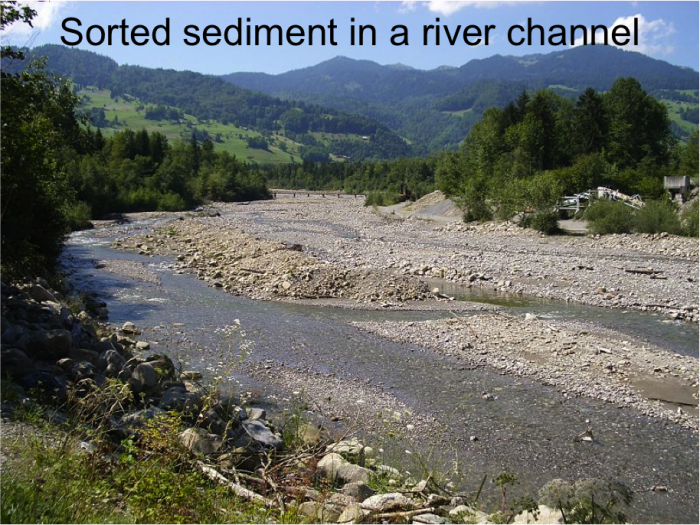 geomorphological stream with sorted sediment in a river channel