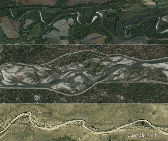 Several types of rivers as seen from Google Earth