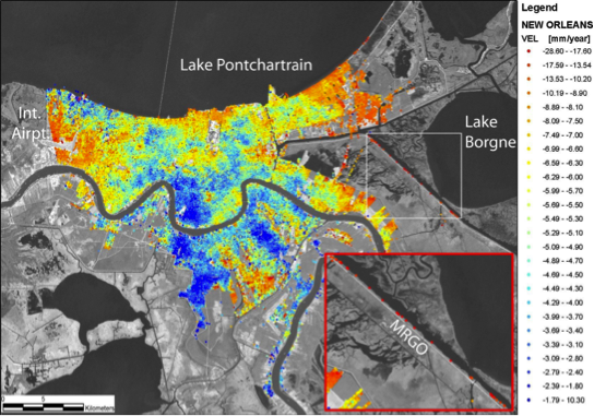 Satellite image of modern subsidence rates in New Orleans, zooming in on an area by Lake Borgne