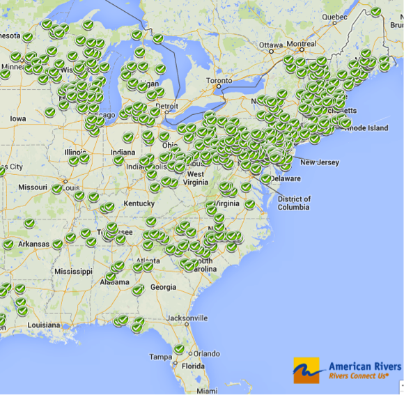 Eastern Portion of U.S Map blown up. Most removed dams along great lakes, and above west Virginia along the coat