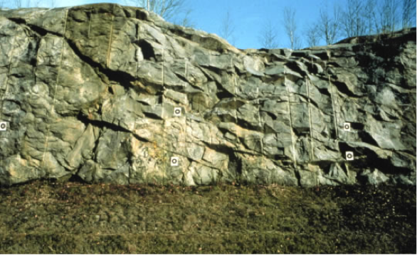 Outcrop of a fractured rock aquifer, looks like a small rock wall