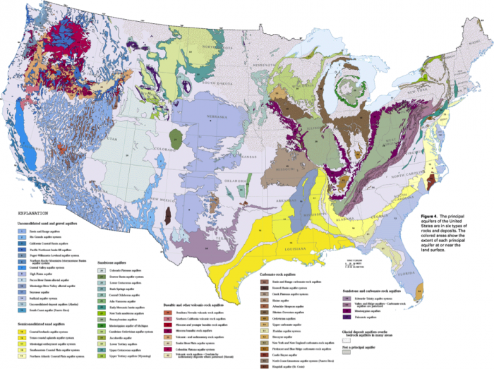 Color-coded map of Principal aquifers of the conterminous United States.