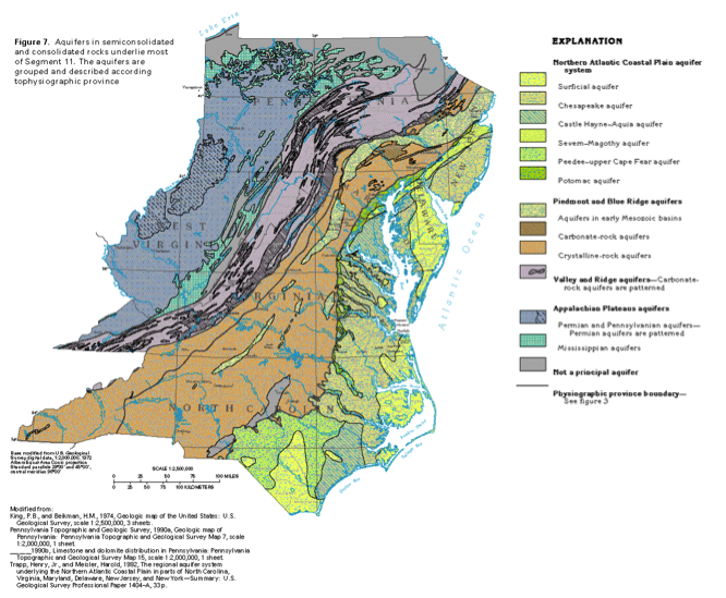 Map showing West Virginia, North Carolina, Pennsylvania, and Virginia and their aquifer systems