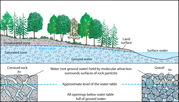 Cross sectional diagram of water table aquifier, see image caption