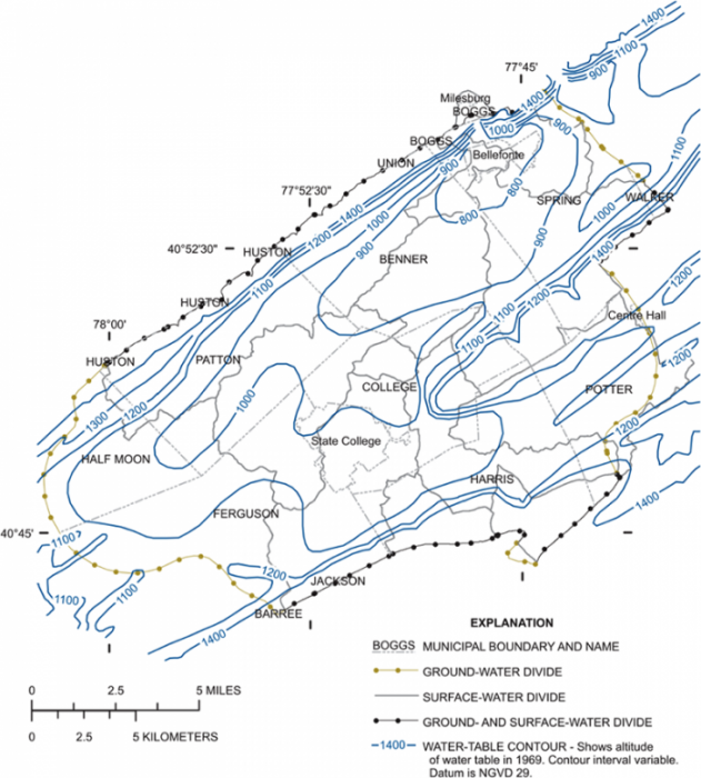 Potentiometric surface map of the Spring Creek Groundwater Basin ca 1969.