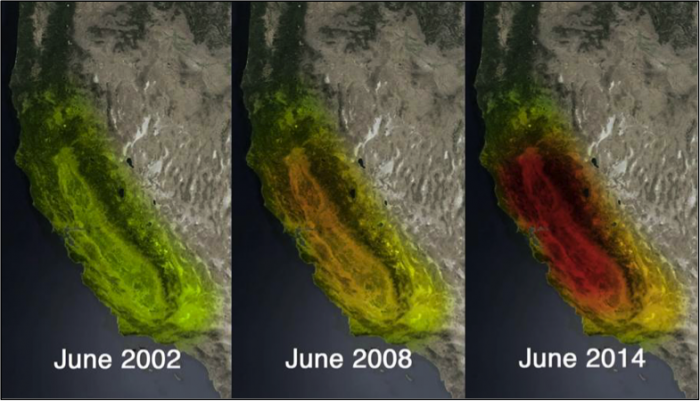 Changes in Earth’s gravitational field that reflect reduction in water storage in California, from June 2002 to June 2008, to June 2014.