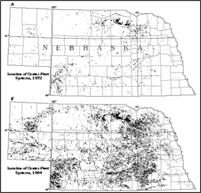 Two maps of Nebraska showing the dramatic increase of pivot irrigation systems 