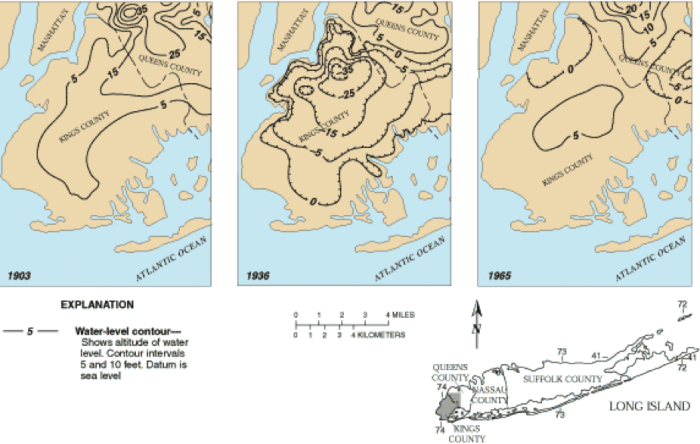 Water level contour maps for upstate New York from 1903, 1936, and 1965. Many more contour lines in 1936 map.