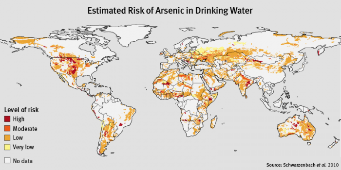 Map showing estimated risk of arsenic in drinking water around the world. High risk in central US, Africa, Middle East and Australia