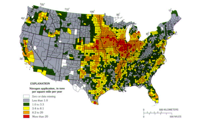 U.S. map showing nitrogen application, in tons per square mile per year. Greatest quantities in Illinois, Iowa and along Mississippi