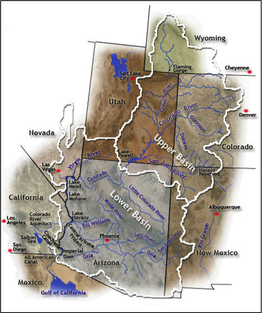 See caption. Upper basin (parts of): colorado, utah. Lower Basin(parts of): arizona, nevada, new mexico