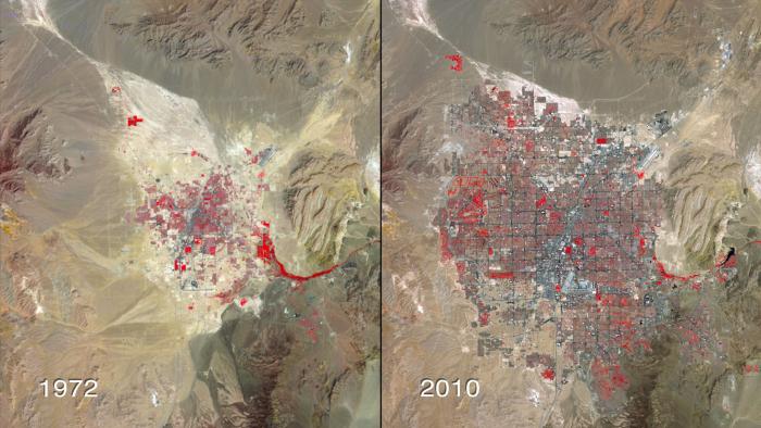 2 images from 1972 and 2010 showing Las Vegas growth. Las Vegas has at least tripled in area