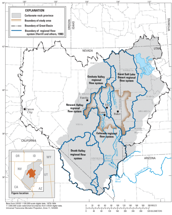 Map showing regional groundwater flow systems in Nevada and Utah. Most systems are along Utah border and southern tip