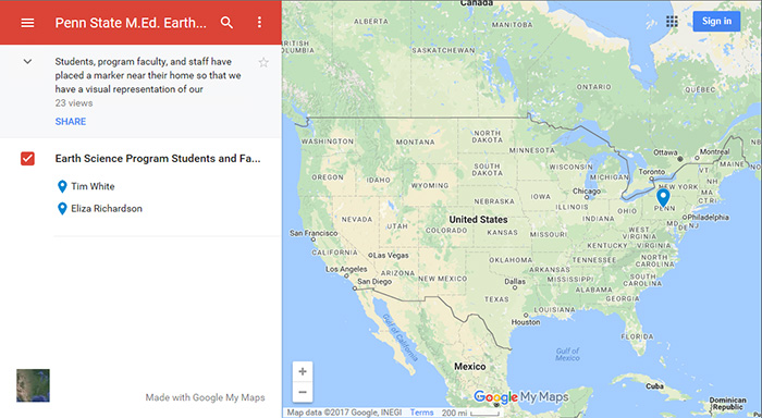Google Map of Earth Sciences Students as seen when not logged int a Google account.