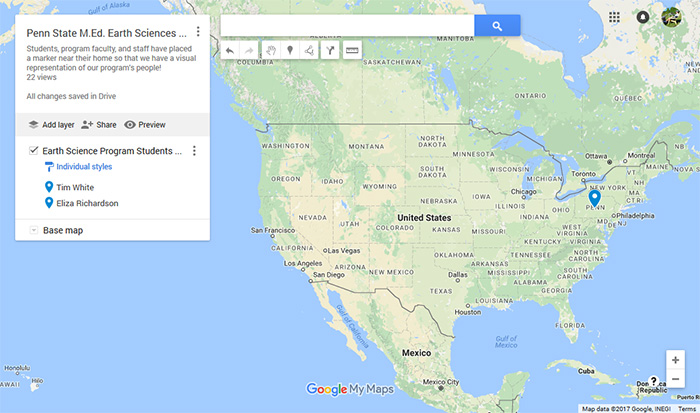 Google Map of Earth Sciences Students as seen when logged int a Google account.