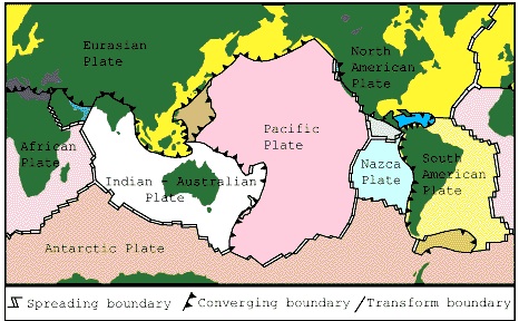 world map with plate boundaries indicated with symbols