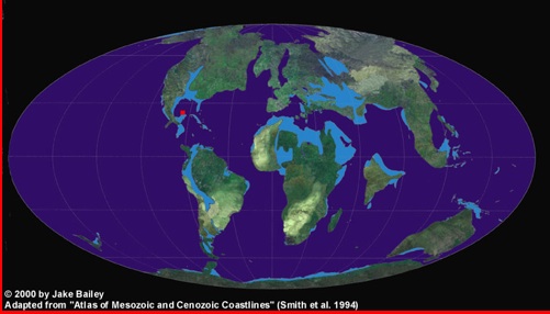 world map reconstruction 65 Ma with Chicxulub marked