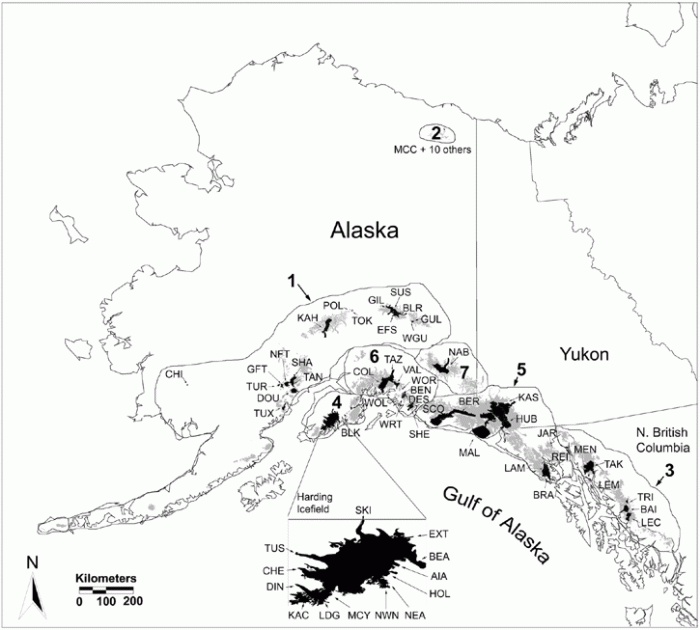 map of Alaska showing locations of 67 glaciers surveyed in order to determine rates of ice thinning over the past few decades