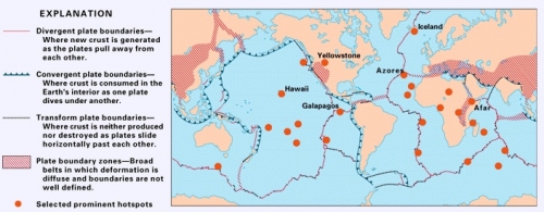 world map with plate boundaries and hot spots designated