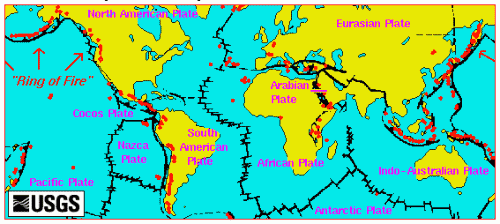 world map with plate boundaries and volcanoes designated