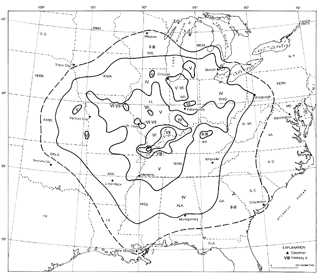 isoseismal map of USA after 1895 Charleston earthquake