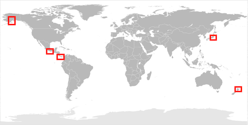 world map with continents in grey and SSE locations marked by red boxes