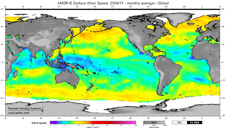 Sea surface wind speed, as derived from a NASA satellite, November 2004