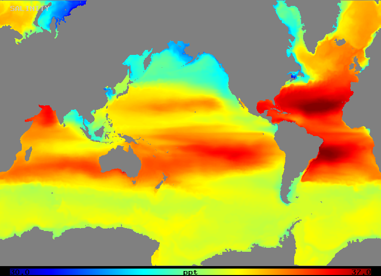  Map of Mean salinity at ocean surface 1990-94 (POP model)