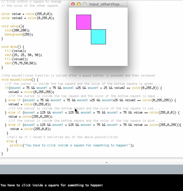 screenshot of the program (from above text) in which a mouse click in a certain region changes the fill color of the shapes
