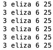 screenshot of 4-column file. 1st column is 3, second column is eliza, third column is 6, 4th is 25