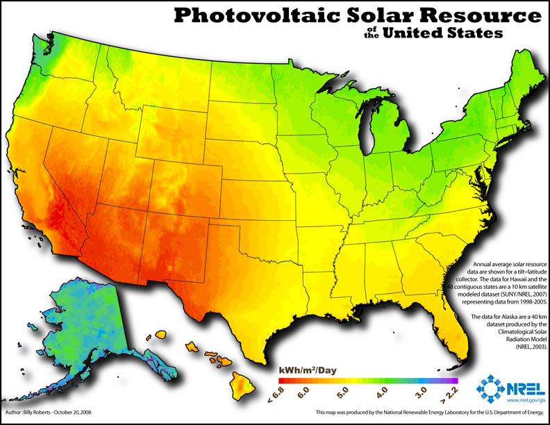 Photovoltaic Solar Resource of the United States. Most reliable in the south western desert states