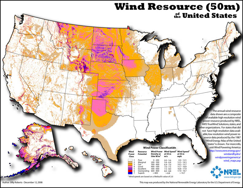 Wind Resource of the United States. Most reliable sources in center of the country.