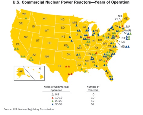 U.S. Commercial Nuclear Power Reactors. Most reactors are on the East coast. The oldest reactors are also on the East Coast