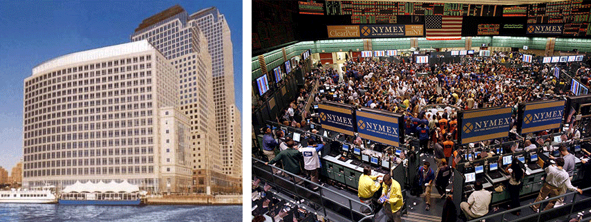 Left: NYMEX building in NYC. right: NYMEX trading floor with many people/