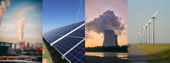 Pictures Left to right: Geothermal Power Station, Solar panels, Nuclear Power plant, Windmills