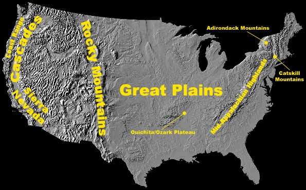 Map of US showing high elevation areas described above